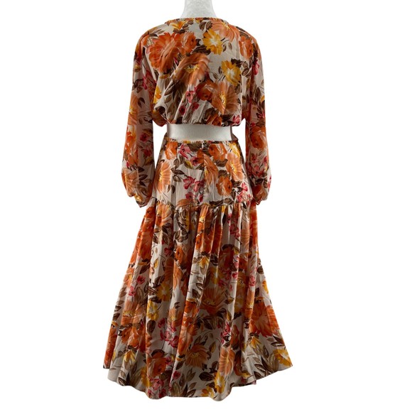 Hello Molly Midi Dress Size S Don't Stop Me Floral Orange Cut Out Long Sleeve - Picture 6 of 10
